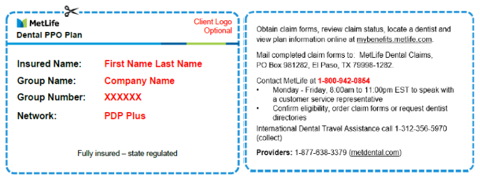 MetLife Sample Dental ID Card